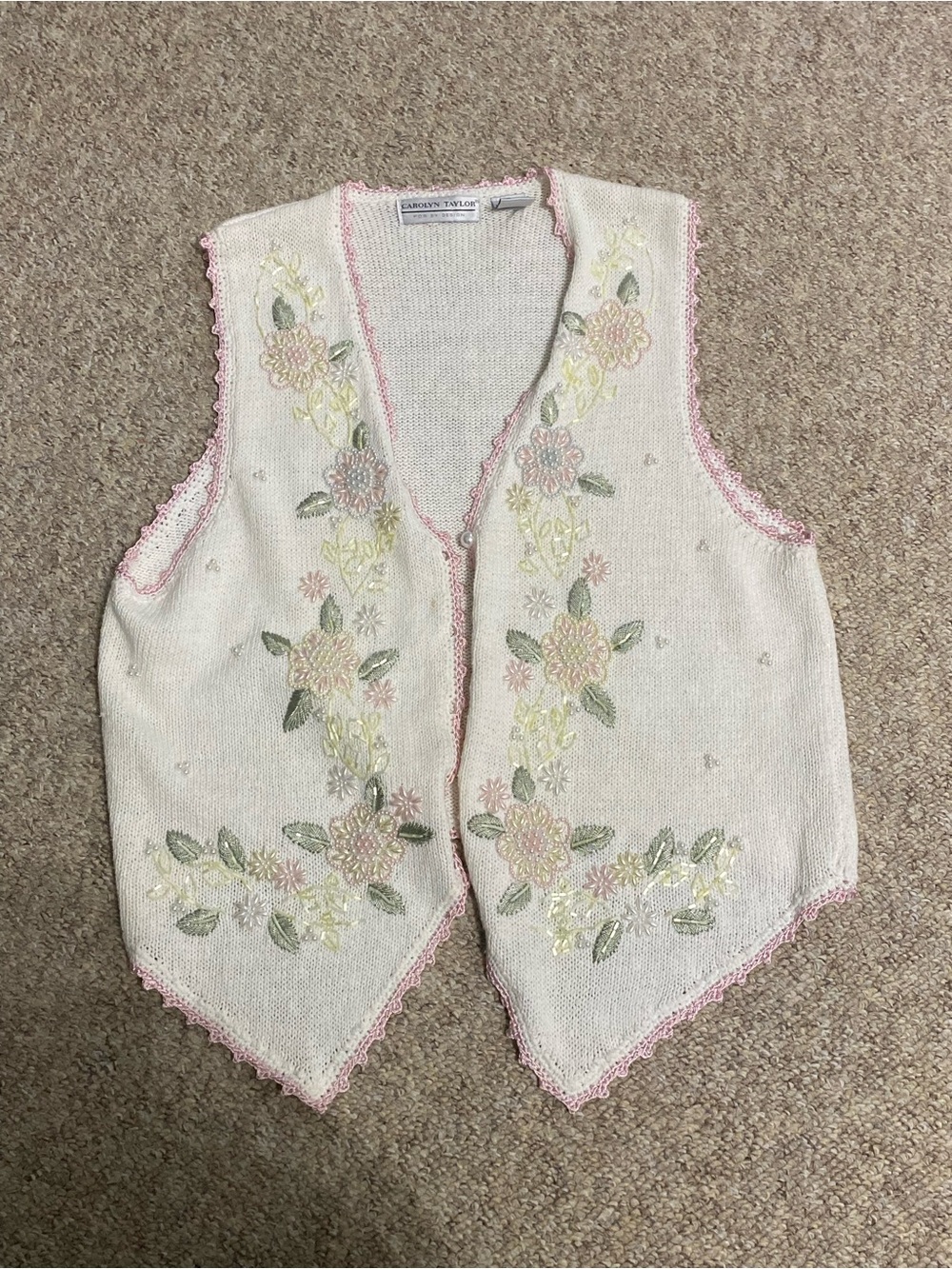 Vintage Carolyn Taylor Women's Cream Embroidered Floral Vest - Size M